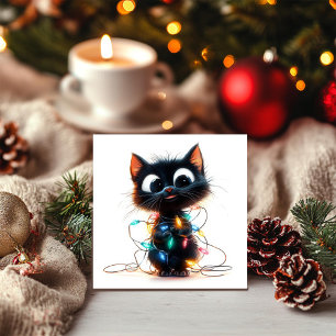 Cheerful Black Kitten Tied in Christmas Lights Holiday Card