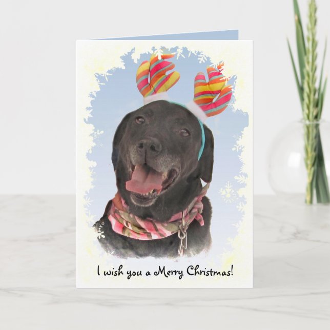 Cheerful Black Labrador Retriever Dog Christmas Holiday Card (Front)
