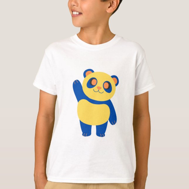 Cheerful Blue and Yellow Panda Waving Hello T-Shirt (Front)