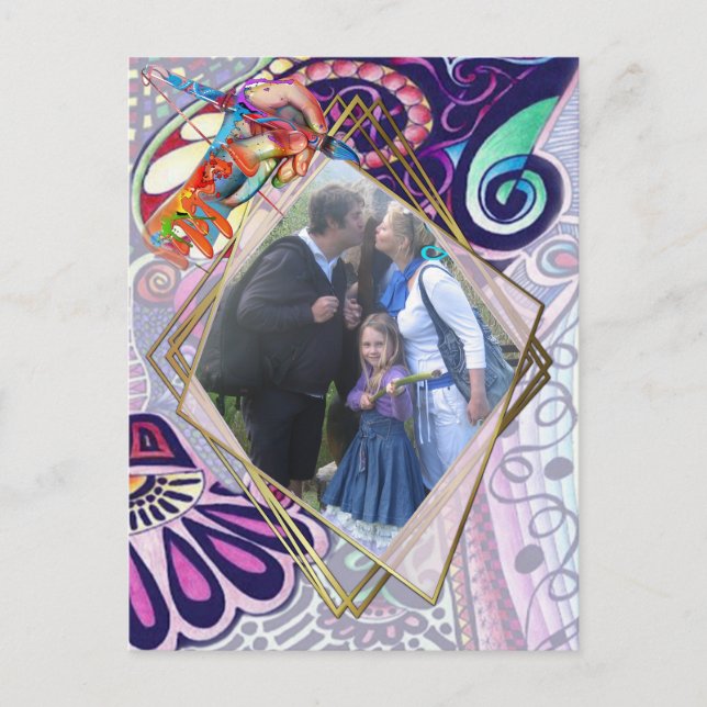 Cheerful Blue Artist Party Doodle Creation Announcement Postcard (Front)