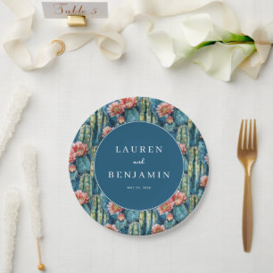 Cheerful Blue Floral Cactus Paper Plate