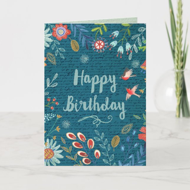 Cheerful Blue Happy Birthday Country Flowers Card (Front)