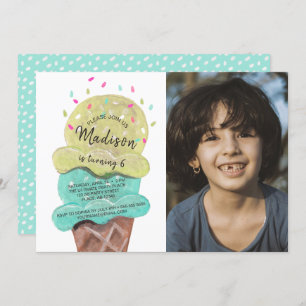 Cheerful blue Ice Cream Birthday Party Photo Invitation