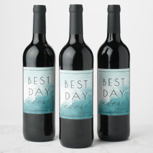 Cheerful Blue Watercolor Waves Wine Label