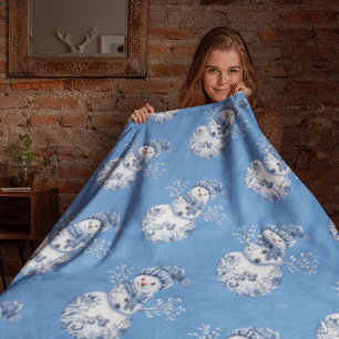 Cheerful Blue White Happy Snowman Sherpa Blanket