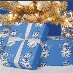 Cheerful Blue White Happy Snowman Wrapping Paper