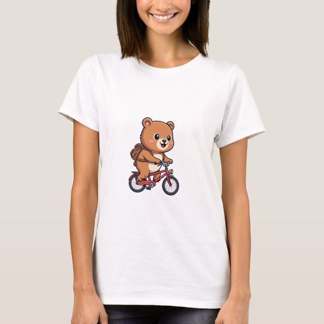 Cheerful Brown Bear Riding Red Bicycle T-Shirt (Front)