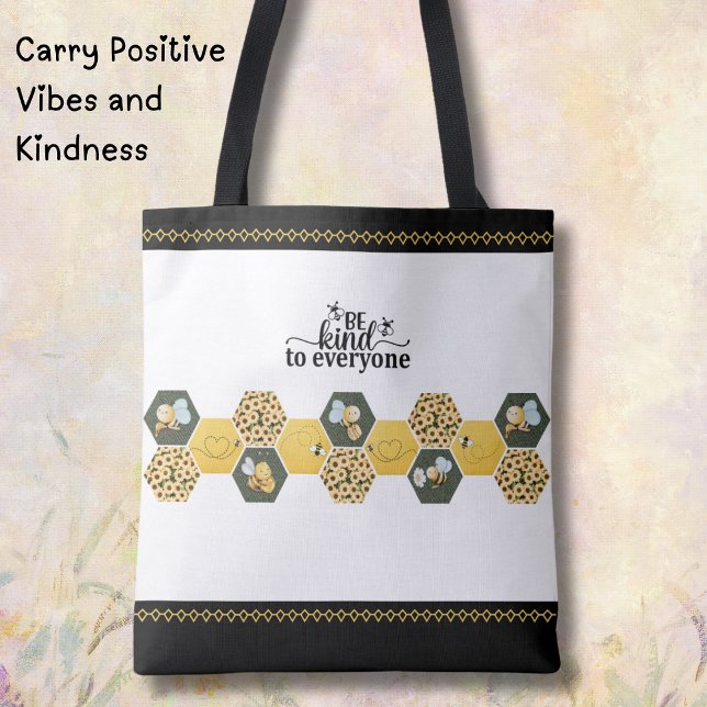 Cheerful Bumblebee "Be Kind" Sunflower Market Tote Bag (This Bumble Bee Bag is perfect for those who love modern cottagecore and spreading positivity)