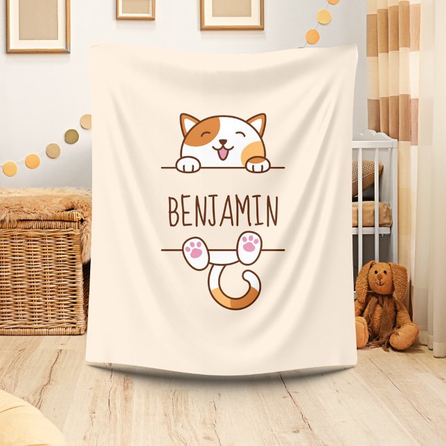 Cheerful Calico Cat Peeking Custom Name Beige Fleece Blanket (Creator Uploaded)