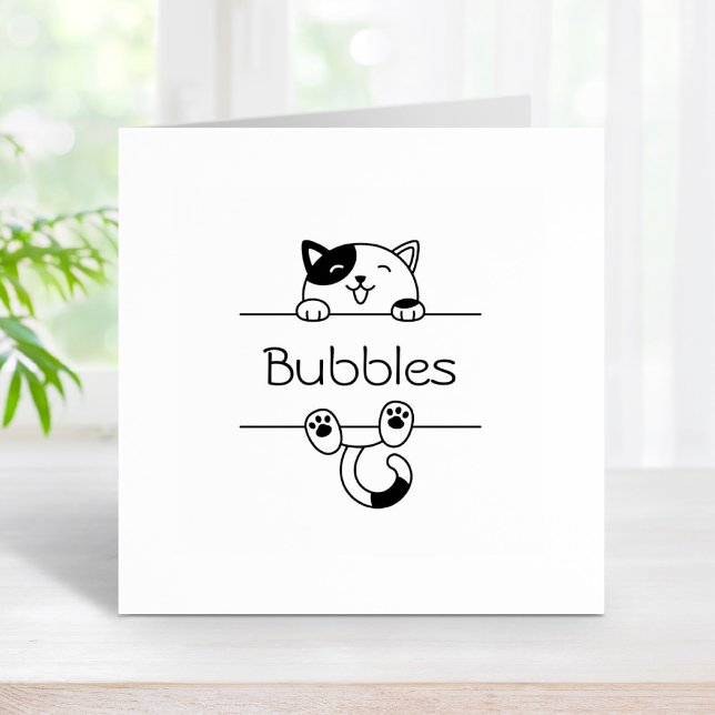Cheerful Calico Cat Peeking Custom Name Rubber Stamp (Creator Uploaded)
