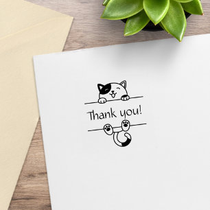 Cheerful Calico Cat Peeking Thank You 1x1 Rubber Stamp