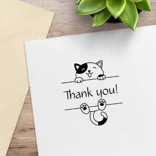 Cheerful Calico Cat Peeking Thank You Rubber Stamp