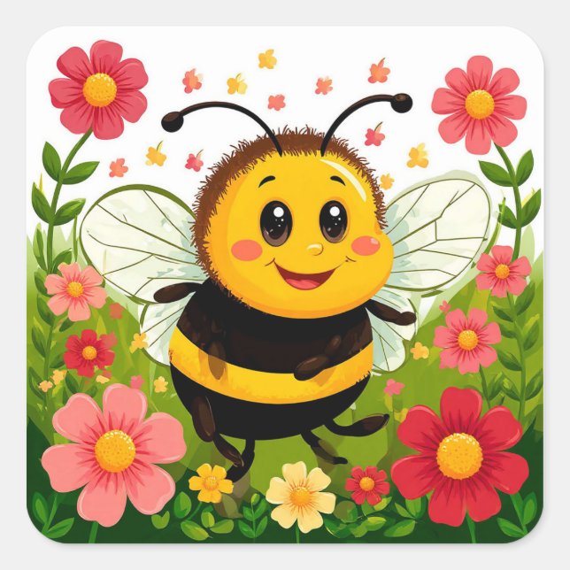 Cheerful Cartoon Bee 🐝 Bright Floral Garden 🌼 Square Sticker (Front)