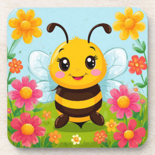 Cheerful Cartoon Bee Surrounded by Bright Flowers Coaster