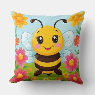 Cheerful Cartoon Bee Surrounded by Bright Flowers Cushion