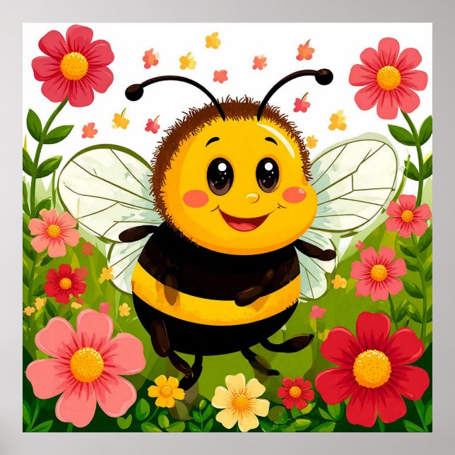 Cheerful Cartoon Bee Surrounded by Bright Flowers Poster (Front)