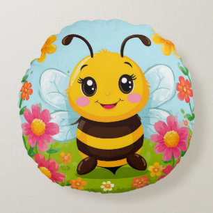 Cheerful Cartoon Bee Surrounded by Bright Flowers Round Cushion