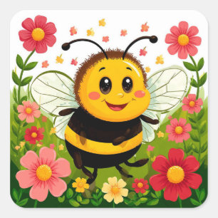 Cheerful Cartoon Bee Surrounded by Bright Flowers Square Sticker