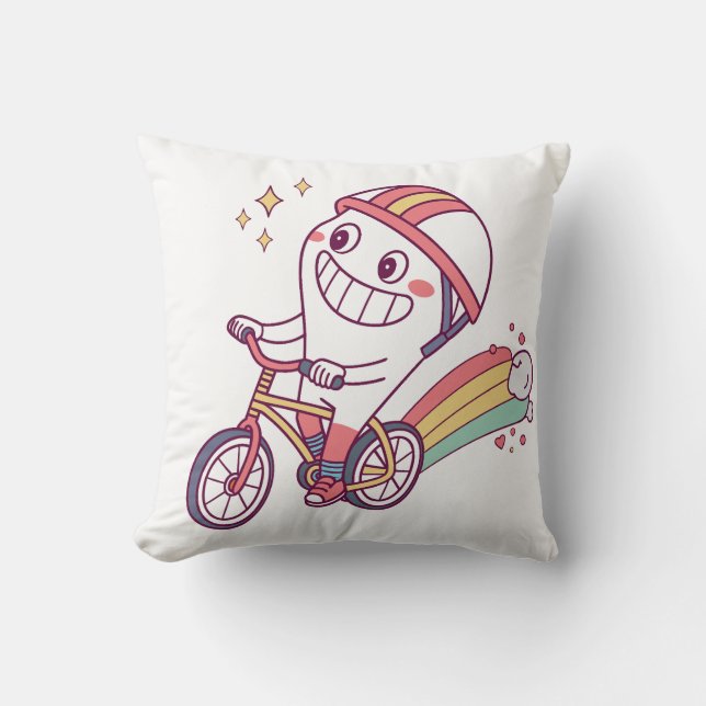 Cheerful Cartoon Character on Bicycle with Rainbow Cushion (Front)
