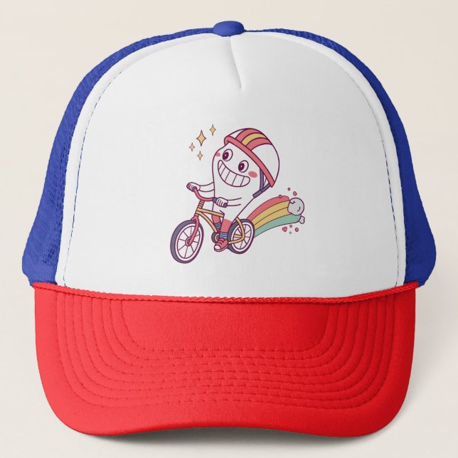 Cheerful Cartoon Character on Bicycle with Rainbow Trucker Hat (Front)
