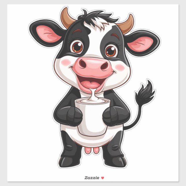 Cheerful Cartoon Cow Drinking Milk (Sheet)