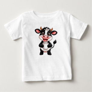Cheerful Cartoon Cow Drinking Milk Baby T-Shirt