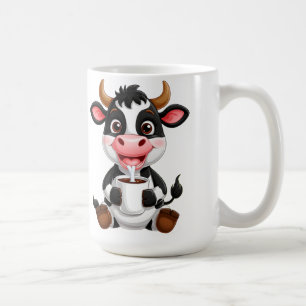 Cheerful Cartoon Cow Drinking Milk Coffee Mug
