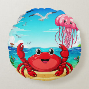 Cheerful Cartoon Crab on a Vibrant Beach Round Cushion