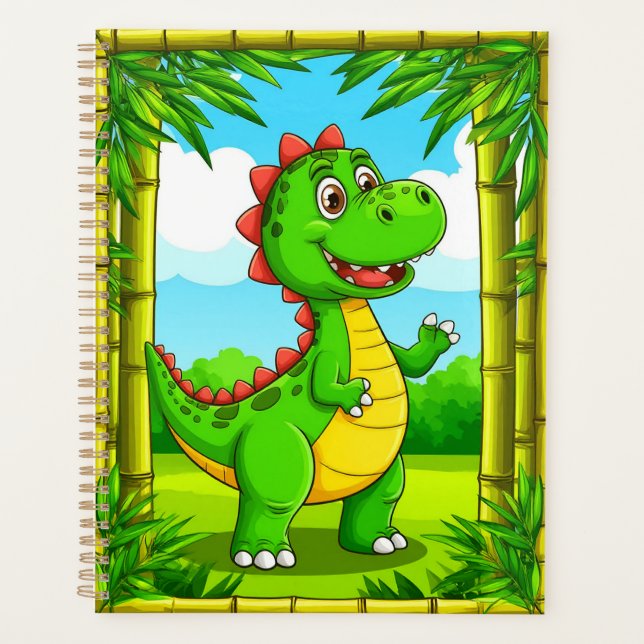 🦖 Cheerful Cartoon Dinosaur Bamboo Kids Study Planner (Front)