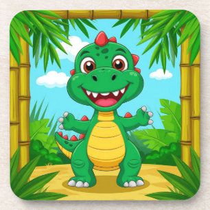Cheerful Cartoon Dinosaur in Bamboo Frame Coaster