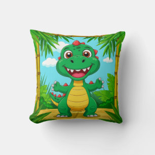 Cheerful Cartoon Dinosaur in Bamboo Frame Cushion