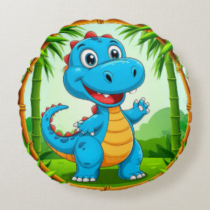 Cheerful Cartoon Dinosaur in Bamboo Frame Round Cushion