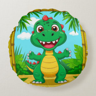 Cheerful Cartoon Dinosaur in Bamboo Frame Round Cushion