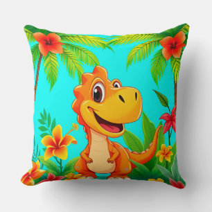 Cheerful Cartoon Dinosaur in Tropical Jungle Cushion