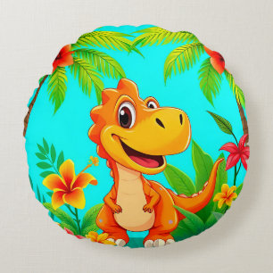 Cheerful Cartoon Dinosaur in Tropical Jungle Round Cushion