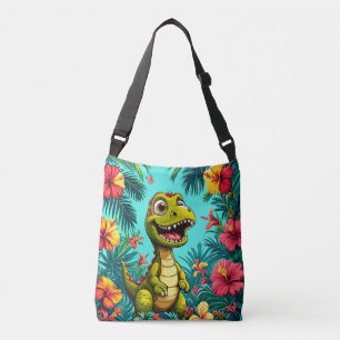Cheerful Cartoon Dinosaur With Tropical Flowers Crossbody Bag