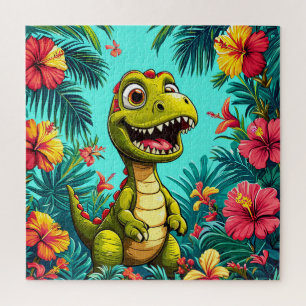 Cheerful Cartoon Dinosaur With Tropical Flowers Jigsaw Puzzle