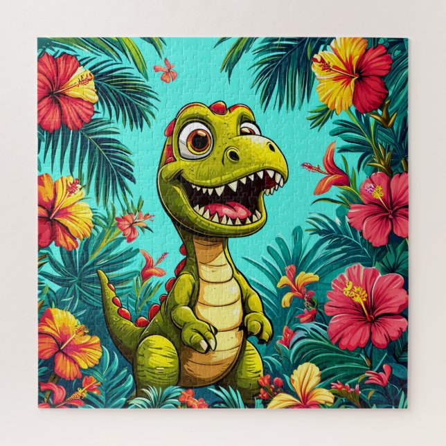 Cheerful Cartoon Dinosaur With Tropical Flowers Jigsaw Puzzle (Vertical)