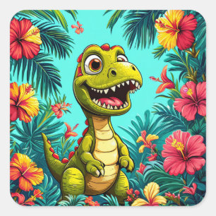 Cheerful Cartoon Dinosaur With Tropical Flowers Square Sticker