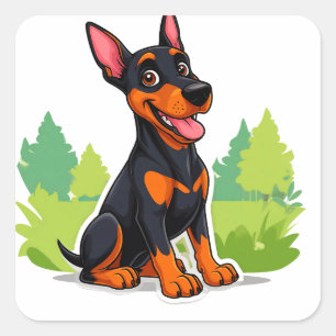 Cheerful Cartoon Doberman Sitting Outdoors Square Sticker