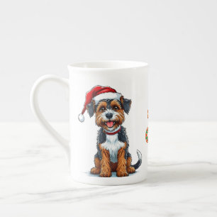 Cheerful Cartoon Dog Wearing a Santa Hat Bone China Mug