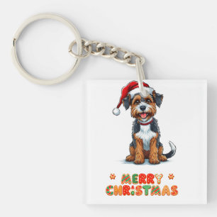 Cheerful Cartoon Dog Wearing a Santa Hat Key Ring