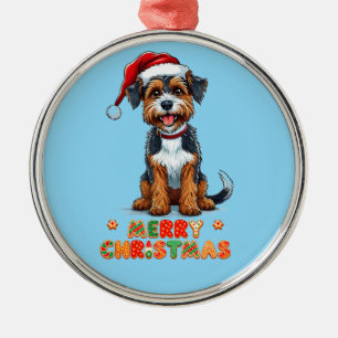 Cheerful Cartoon Dog Wearing a Santa Hat Metal Ornament