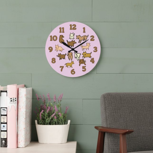 Cheerful Cartoon Dogs Wall Clock (Cute lavender wall clock for dog lovers. Decorated with whimsical cartoon dog illustrations.)