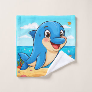 Cheerful Cartoon Dolphin in an Underwater Wash Cloth