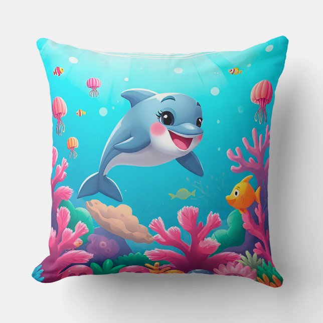 🐬 Cheerful Cartoon Dolphin Splashing with Joy 🌊✨ Cushion (Front)