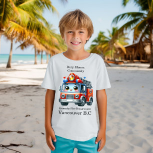 Cheerful cartoon firefighter truck on a bright day T-Shirt