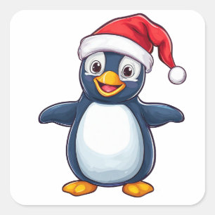 Cheerful Cartoon Penguin in Santa Hat Square Sticker