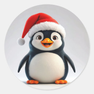 Cheerful Cartoon Penguin Wearing Santa Hat Classic Round Sticker