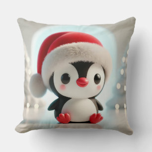 Cheerful Cartoon Penguin Wearing Santa Hat Cushion